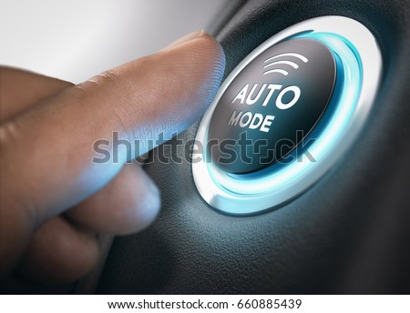 Finger about to activate automatic mode by pressing a push button. Composite image between a hand photography and a 3D background. Royalty-Free Stock Photo #660885439