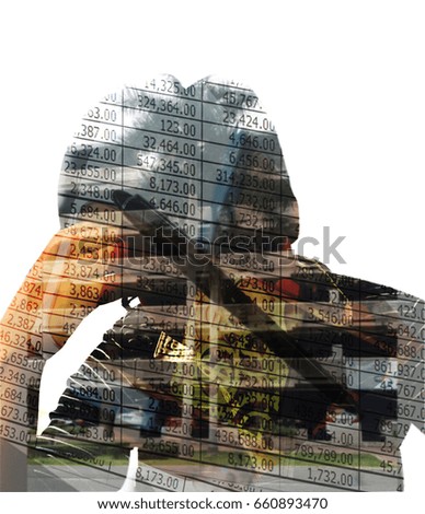 Man having problem with bills and money in double exposure
