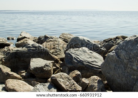 Large stones on the banks of the Volga, River Port of Ulyanovsk, Russia.