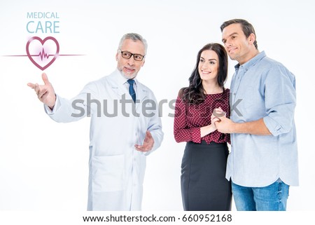 Patiens with doctor pointing at medical care icon