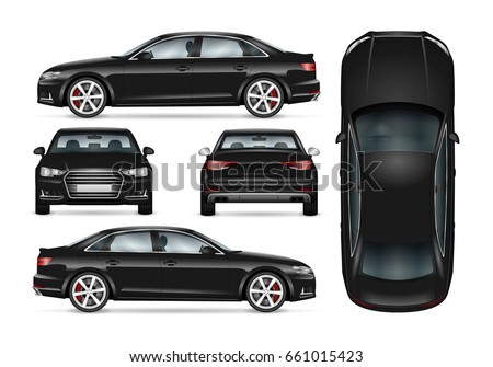 Black car vector template for car branding and advertising. Isolated business sedan set. All layers and groups well organized for easy editing and recolor. View from side; front; back; top. Royalty-Free Stock Photo #661015423