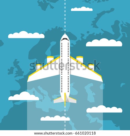 Airplane flying above the clouds. Around the world travelling concept. Flat cartoon style. Vector illustration.