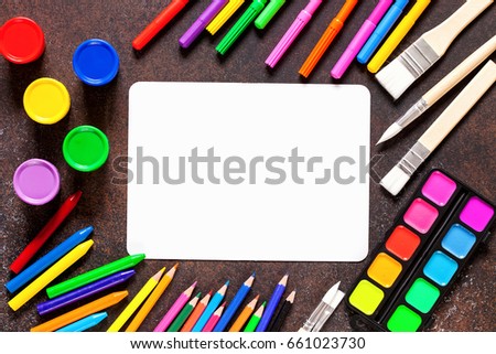 School background concept with stationary. Top view. Copy space. Flat lay