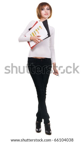 Young woman with folders and business papers, white background