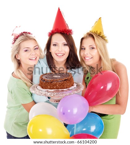 Group people in party hat holding cake. Isolated.