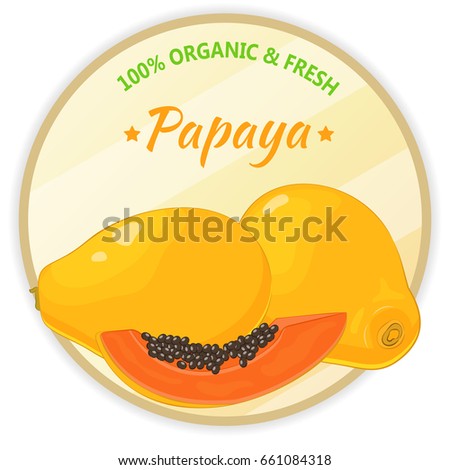 Vintage label with papaya isolated on white background in cartoon style. Vector illustration. Fruit and Vegetables Collection.