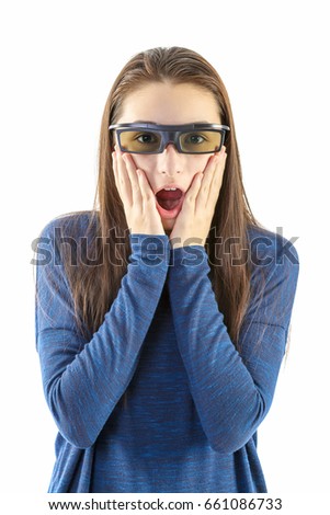 Amazed teenage girl with 3d glasses isolated on white background.