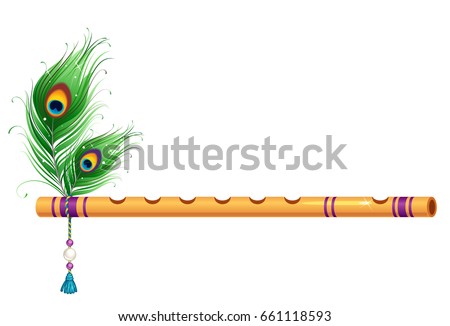 Beautiful golden flute with peacock feathers Royalty-Free Stock Photo #661118593