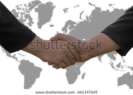 Two businessmen shaking hands during a meeting on map blurred background, success, dealing, greeting & business partner.