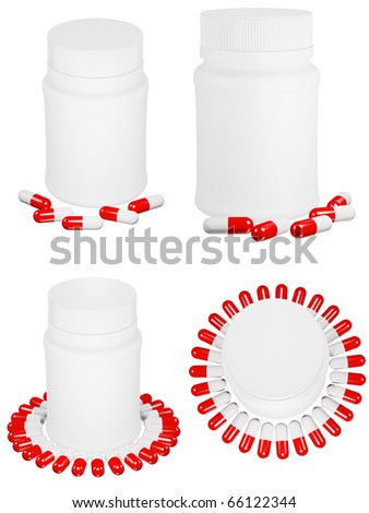 Set of capsule pills and white plastic bottle on isolated background.