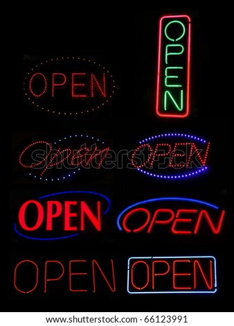 Neon Signs spelling OPEN