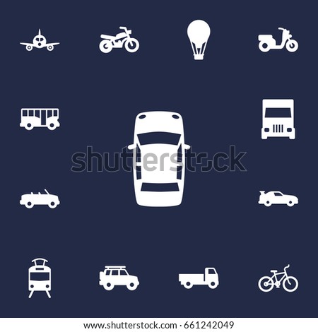 Set Of 13 Icons Set. Collection Of Aircraft, Hatchback, Car And Other Elements.