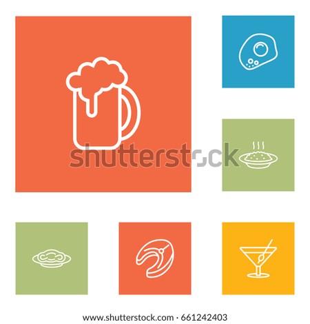 Set Of 6 Food Outline Icons Set.Collection Of Raw Fish, Pasta, Omelette And Other Elements.