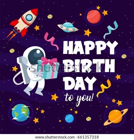 Modern Happy Birthday Card Illustration - Children Space Theme Birthday Party