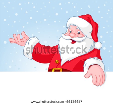 Christmas Santa Claus over blank greeting (place) card with lift hand