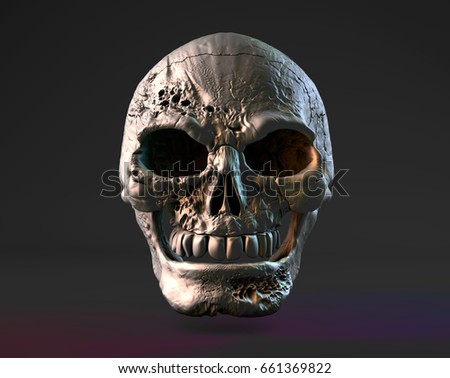 Human Scary Skull Locally Deformed in White Bone colors in to the Black background. Concept of death, horror. Spooky halloween symbol. Illustration of 3D rendering.