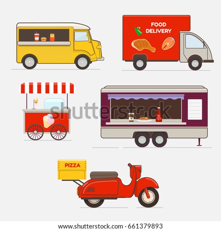 Vector set of street food transport.  Food delivery vehicles,  mobile food truck trailer and pizza delivery scooter