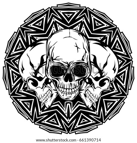 Abstract vector illustration black and white skulls on round ornament. Design for tattoo or print t shirt.