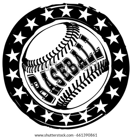 Abstract vector illustration black and white stamp baseball ball and stars. Inscription baseball. Design for tattoo or print t-shirt.