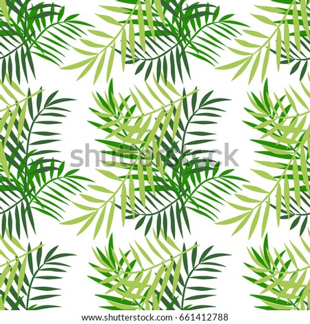 Palm tree leaves seamless pattern. Tropical greeting card. Invitation template. Trendy summer tropical leaves design. Isolated on white.
