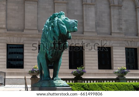 Blue lion monument in a downtown of Chicago
