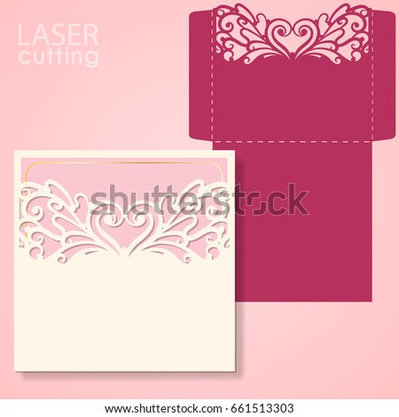 Die laser cut wedding card vector template. Invitation envelope. Wedding lace invitation mockup. Template for laser cutting. Die cut pocket envelope template.