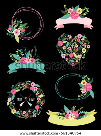 Set of cute vintage elements as rustic hand drawn first spring flowers for your decoration