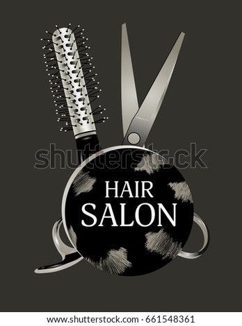 Logo design hair salon with scissors and hairbrush. Haircut symbol on a dark background. Vector illustration.