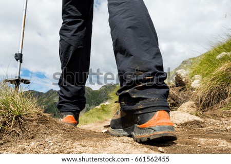 Closeup of hiking boots.