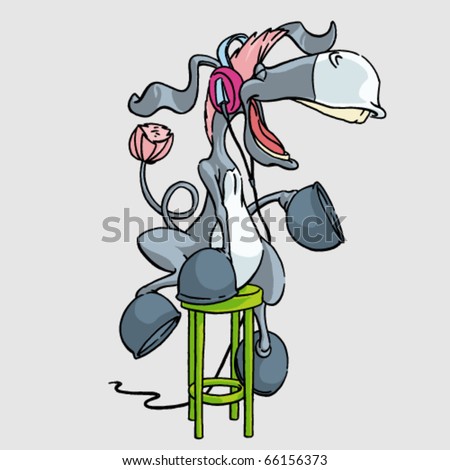 Audio donkey. Singing smile and happy donkey with chair cartoon vector illustration. Hand drawn colored art character easy editable for book.