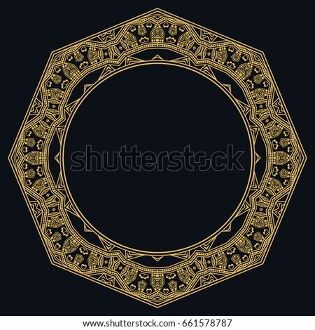 Golden outline doodle floral frame template. Vector decorative line art border. Elegant lace, isolated design element for invitation, greeting card in Eastern style, place for the text. Gold and black