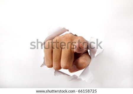 hand break through the white paper with finger pointing to the you Royalty-Free Stock Photo #66158725