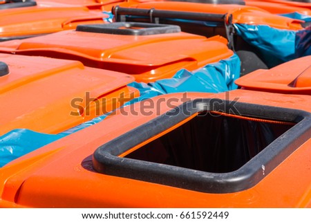 Orange Lid Trash Bins City Community Large Industrial Commercial Open Empty Together