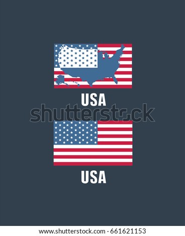 Flag of the United States and the map of America in the form of the American flag. Caption: United States.
