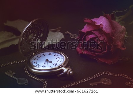 Roses,  pocket watch and old key. Vintage Wonderland background. Soft selective focus, toning