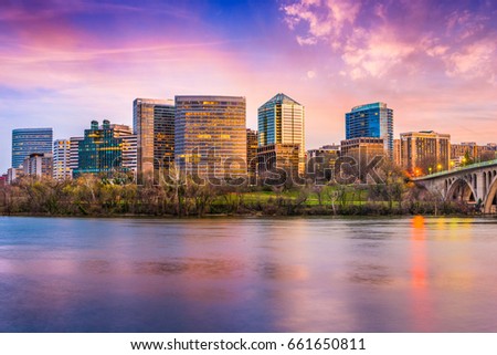 Rosslyn, Arlington, Virginia, USA skyline on the Potomac River.