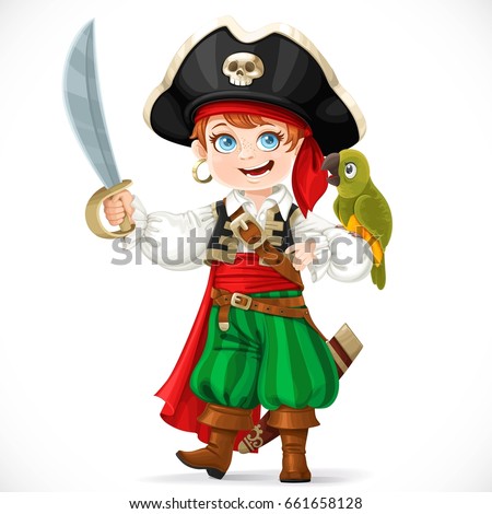 Cute boy dressed as pirate with saber holding green parrot on his hand isolated on a white background Royalty-Free Stock Photo #661658128