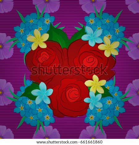 Watercolor seamless pattern with rose and green leaves. Trendy print on purple background. Exquisite pattern with rose flowers and leaves in vintage style. Beautiful pattern for decoration and design.