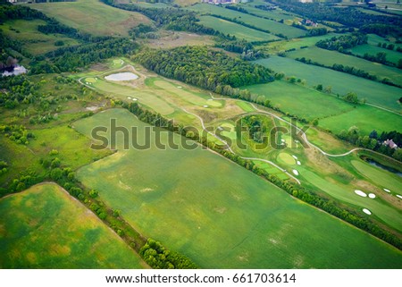 High angle view of golf course amongst fields, Toronto, Ontario, Canada. aerial picture from ontario canada 2016