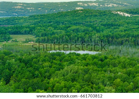 Aerial view of trees, lake and mountain landscape, Toronto, Ontario, Canada. aerial picture from ontario canada 2016