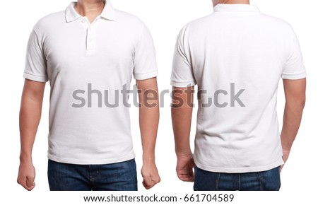 White polo t-shirt mock up, front and back view, isolated. Male model wear plain white shirt mockup. Polo shirt design template. Blank tees for print Royalty-Free Stock Photo #661704589