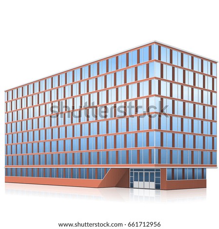 office building with entrance and reflection on white background