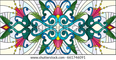 Illustration in stained glass style with abstract  swirls,flowers and leaves  on a light background,horizontal orientation