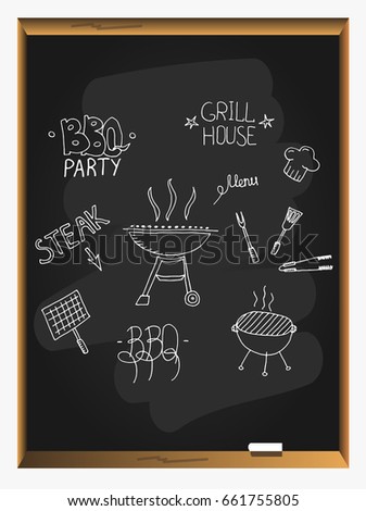 Barbecue grill hand drawn elements set isolated on blackboard background. Cookout BBQ party. Sketch of barbecue grill with tools. Barbecue home or restaurant party dinner
