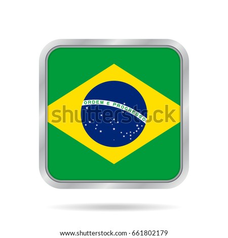 National flag of Brazil. Shiny metallic gray square button with shadow.