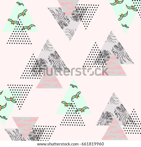 Abstract Summer pattern with tropical palm leaves,flying birds and textured triangles. Triangle with grunge halftone textures. Geometric background in pop art style. Vector illustration.