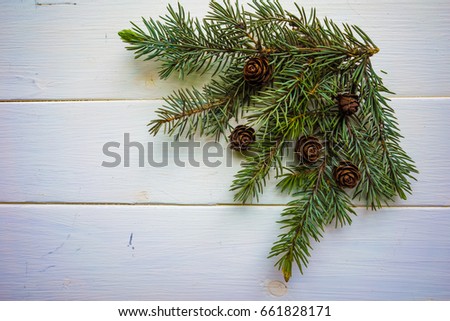 Branch of Christmas tree and cones on white-painted boards. Top view.  The design element to design web banners, postcards. Christmas, winter pattern.