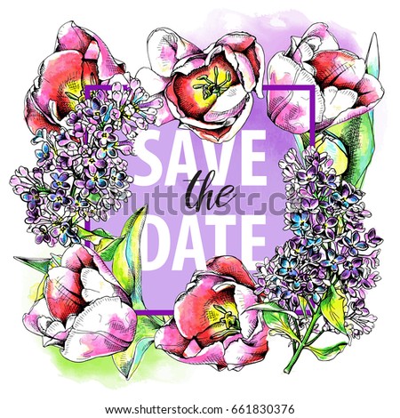 Invitation card. Watercolor Tulip and Lilac. Flowers and leaves. Vector illustration.