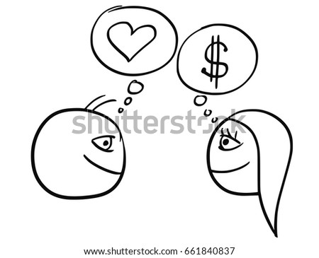 Cartoon vector of difference between man and woman thinking about relationship - money dollar sign and heart symbol of love