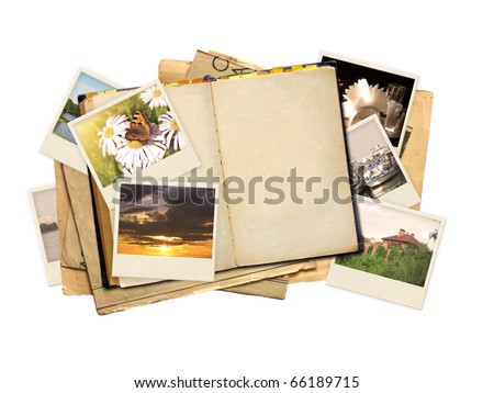 Memories - old dairy and photos. Objects isolated over white Royalty-Free Stock Photo #66189715